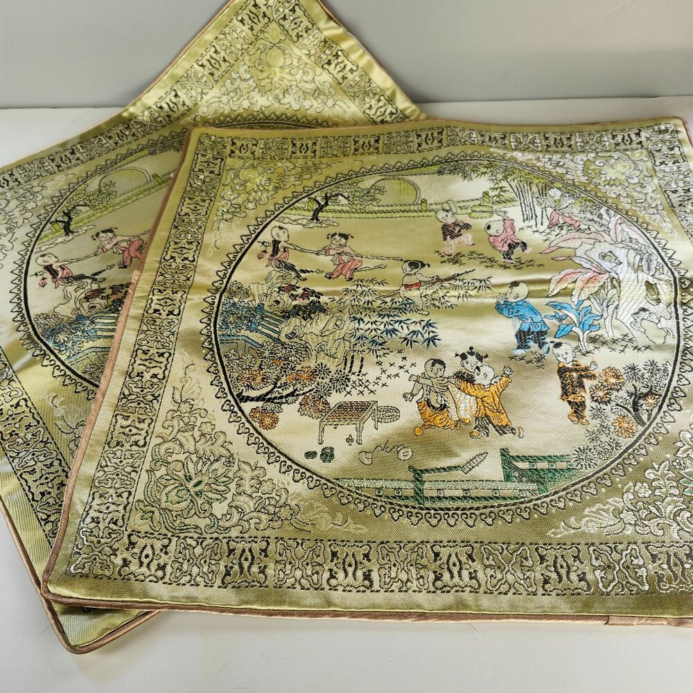 2 Asian Design Pillow Covers Depicting Children's Games 16" x 16"